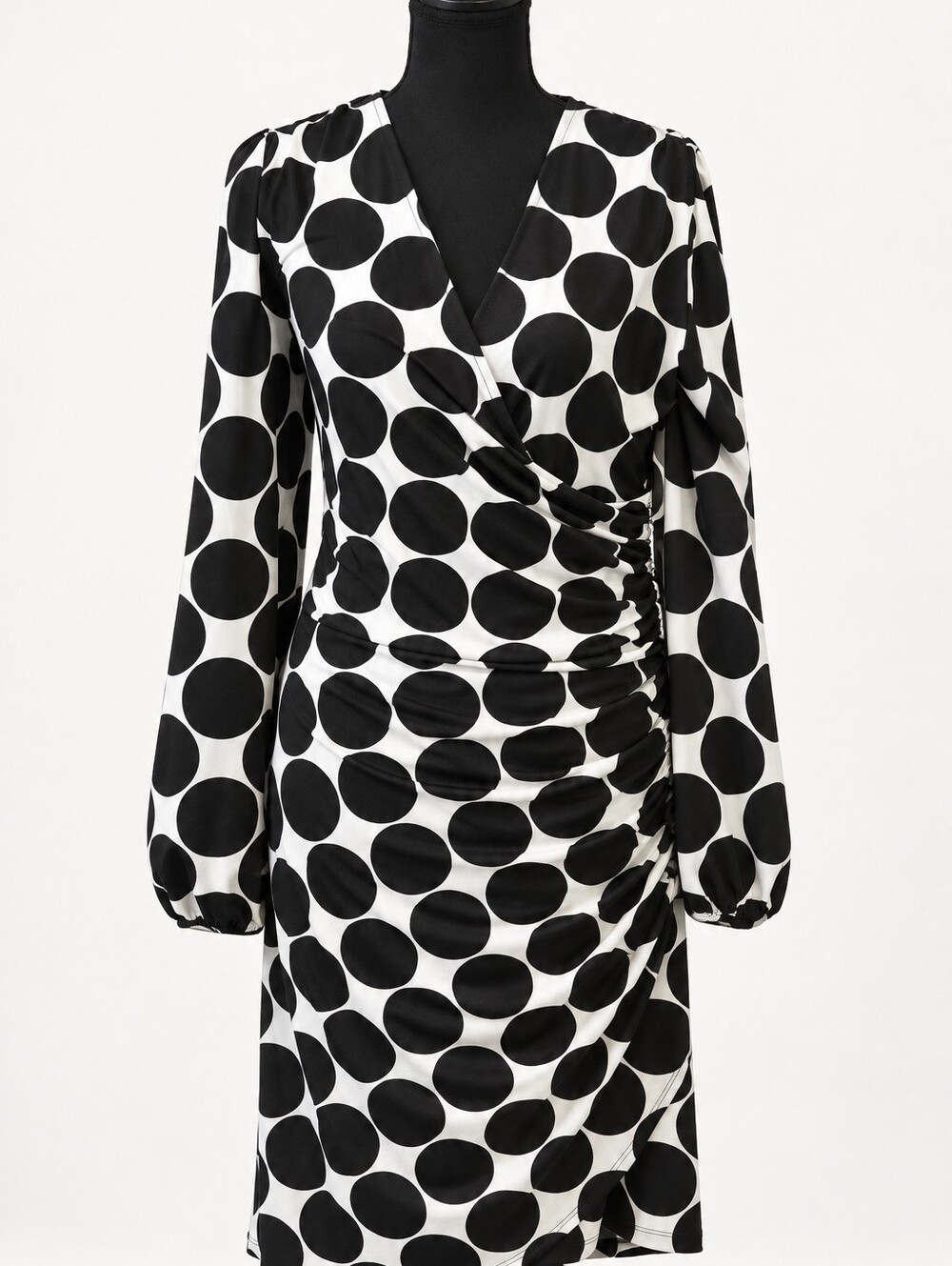 INC International Concepts Black and White Polka Dot Long Sleeve Wrap Dress